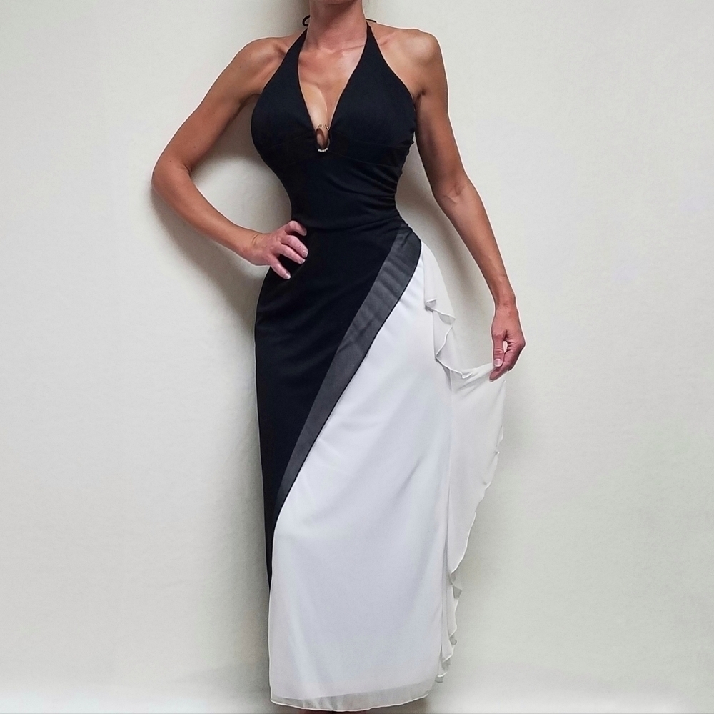 𝅺VINTAGE 1990s Taboo Black White Ruffle Asymmetrical Backless Halter Maxi Dress - Picture 2 of 16